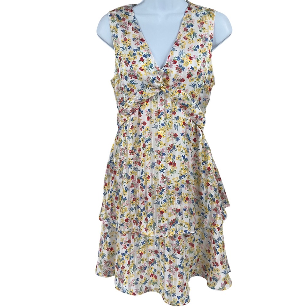 Banana Republic Dress Womens 4P Colorful Floral Tiered Twist Front Babydoll Airy